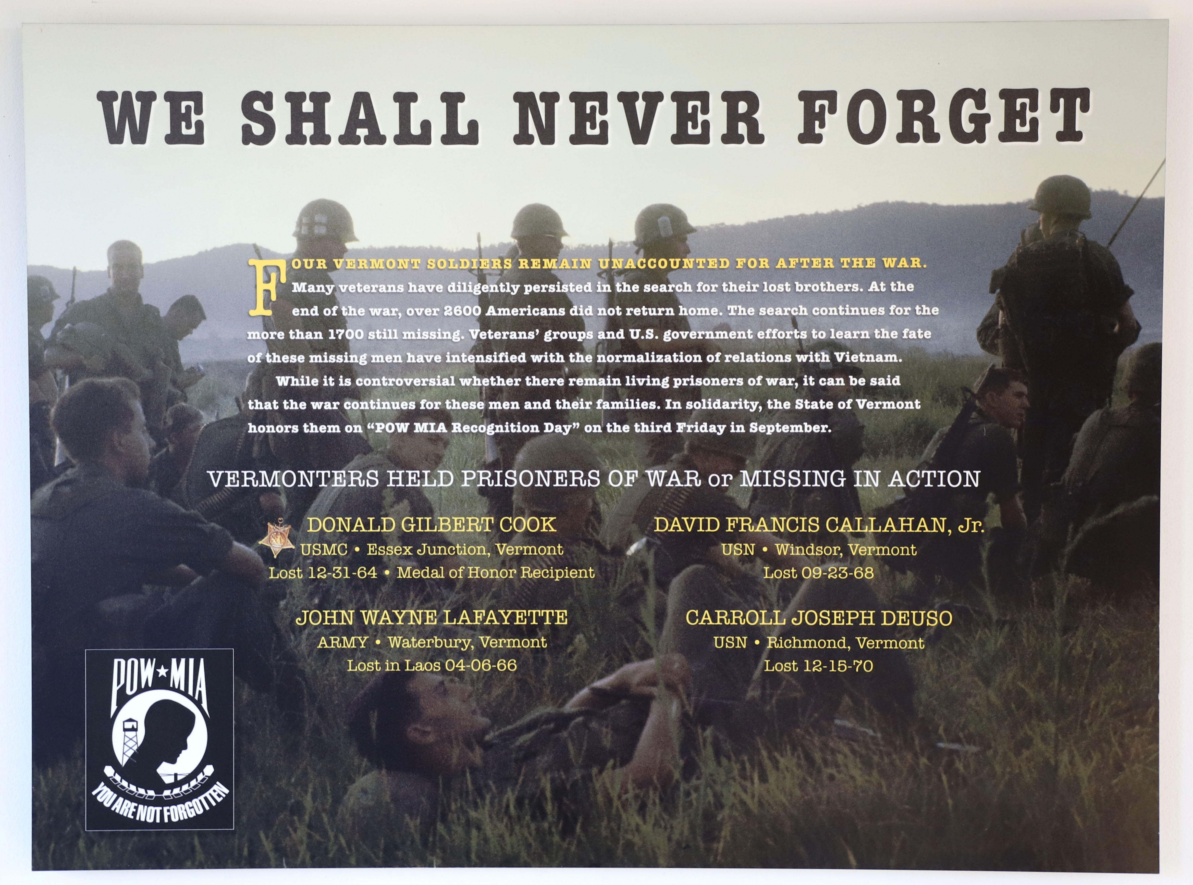 Vermont Vietnam Veterans Memorial - Sharon Vermont - We Shall Never Forget