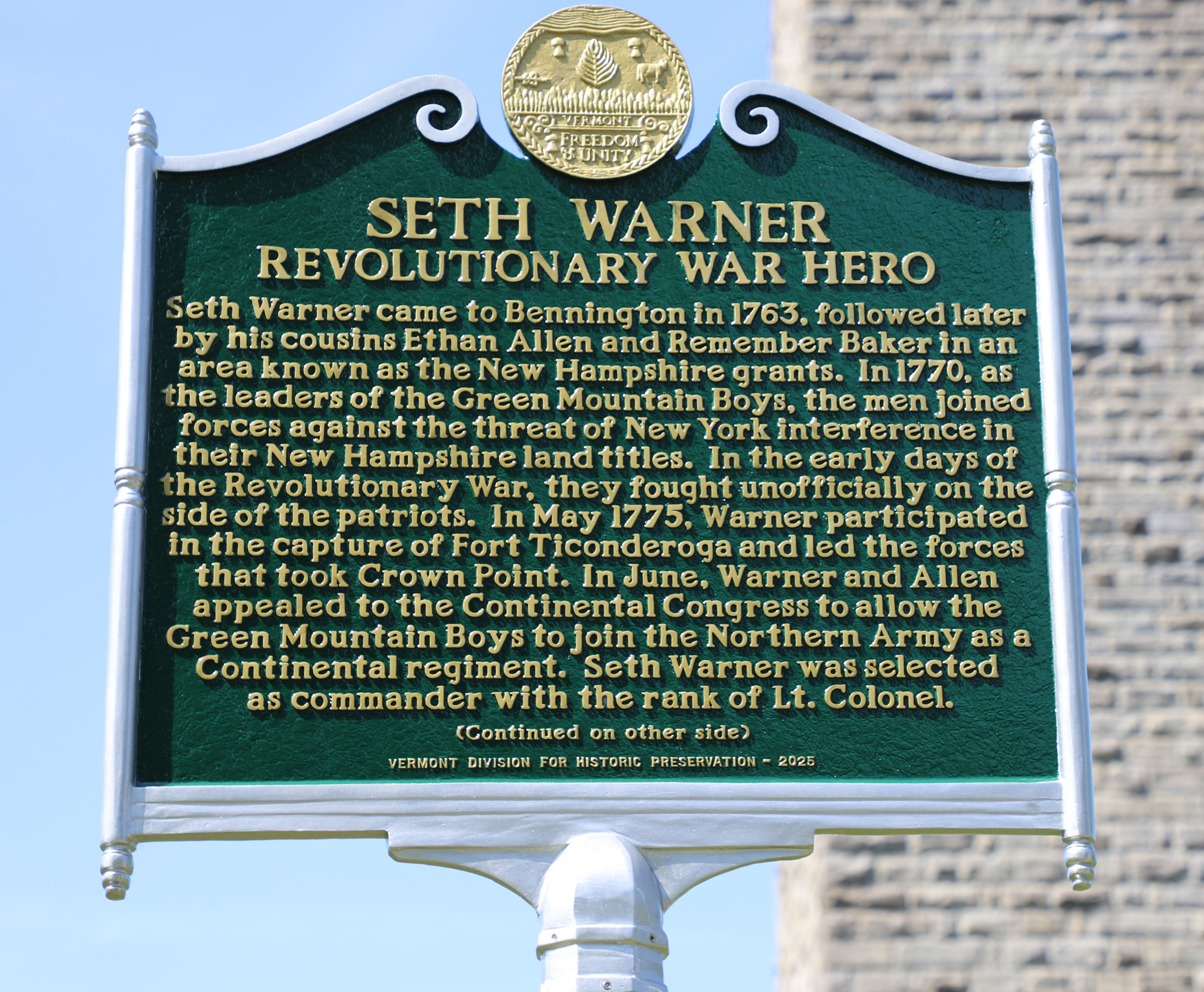 Bennington Battle Monument - Bennington Vermont - Seth Warner Historical Marker