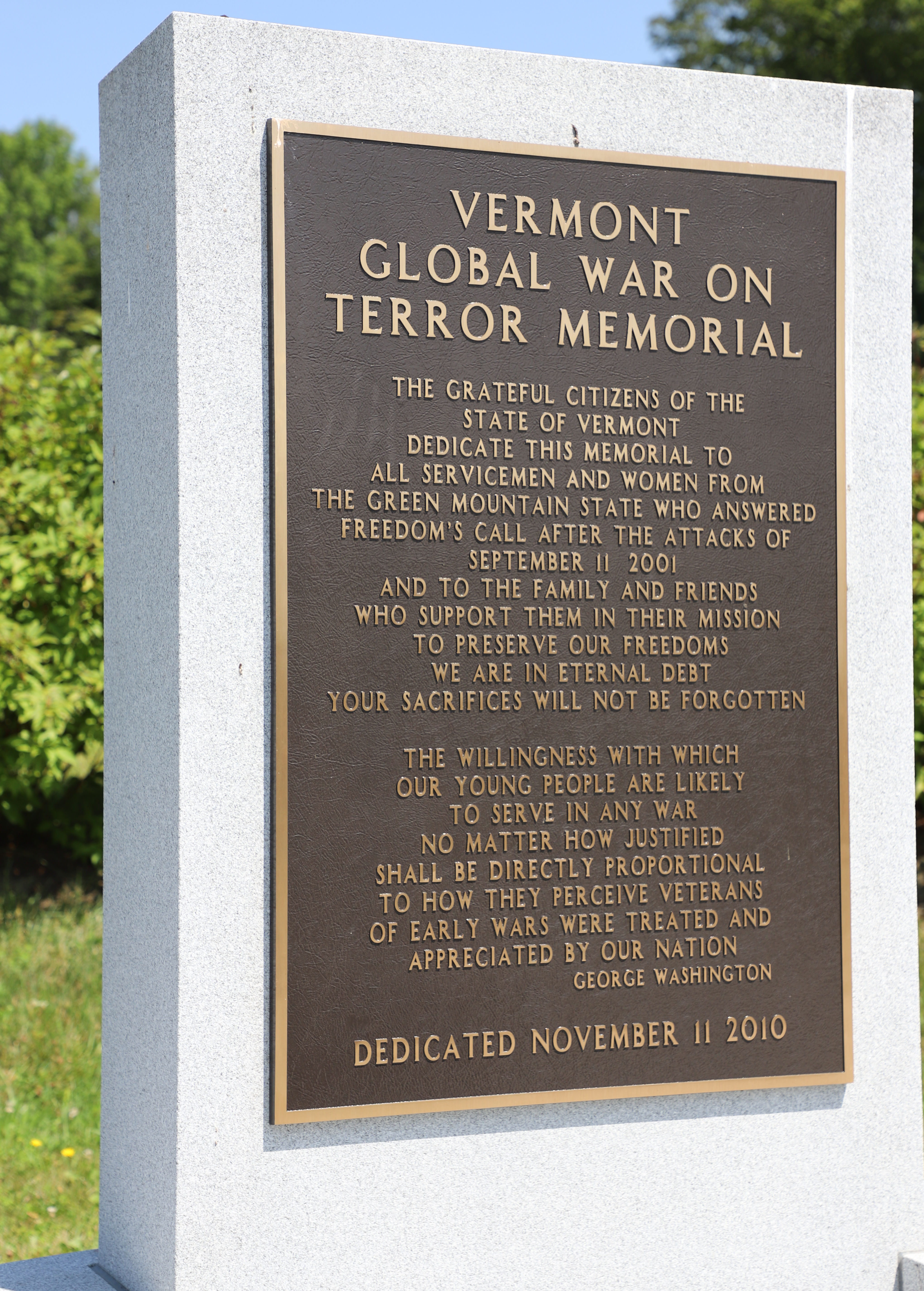 Vermont Veterans Memorial Cemetery Global War on Terror Monument Plaque