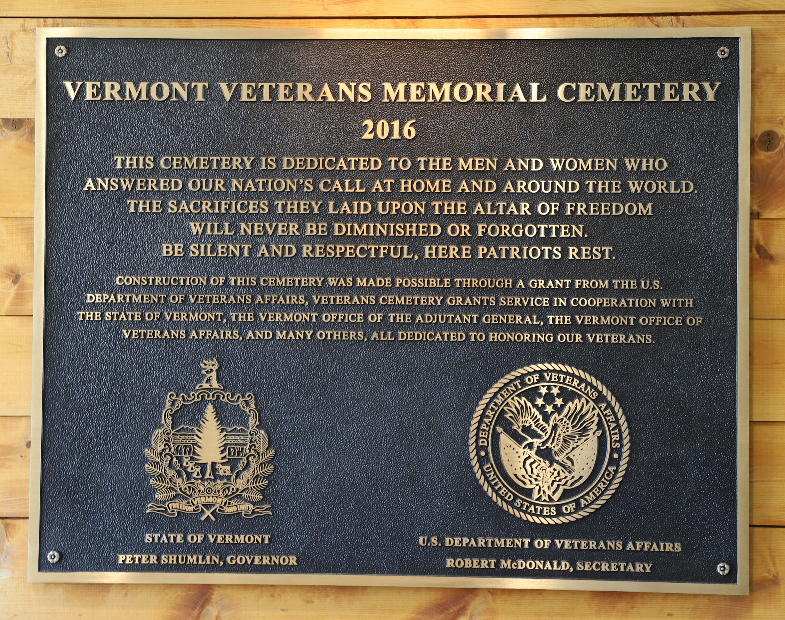 Vermont Veterans Memorial Cemetery - Dedication Plaque 2016