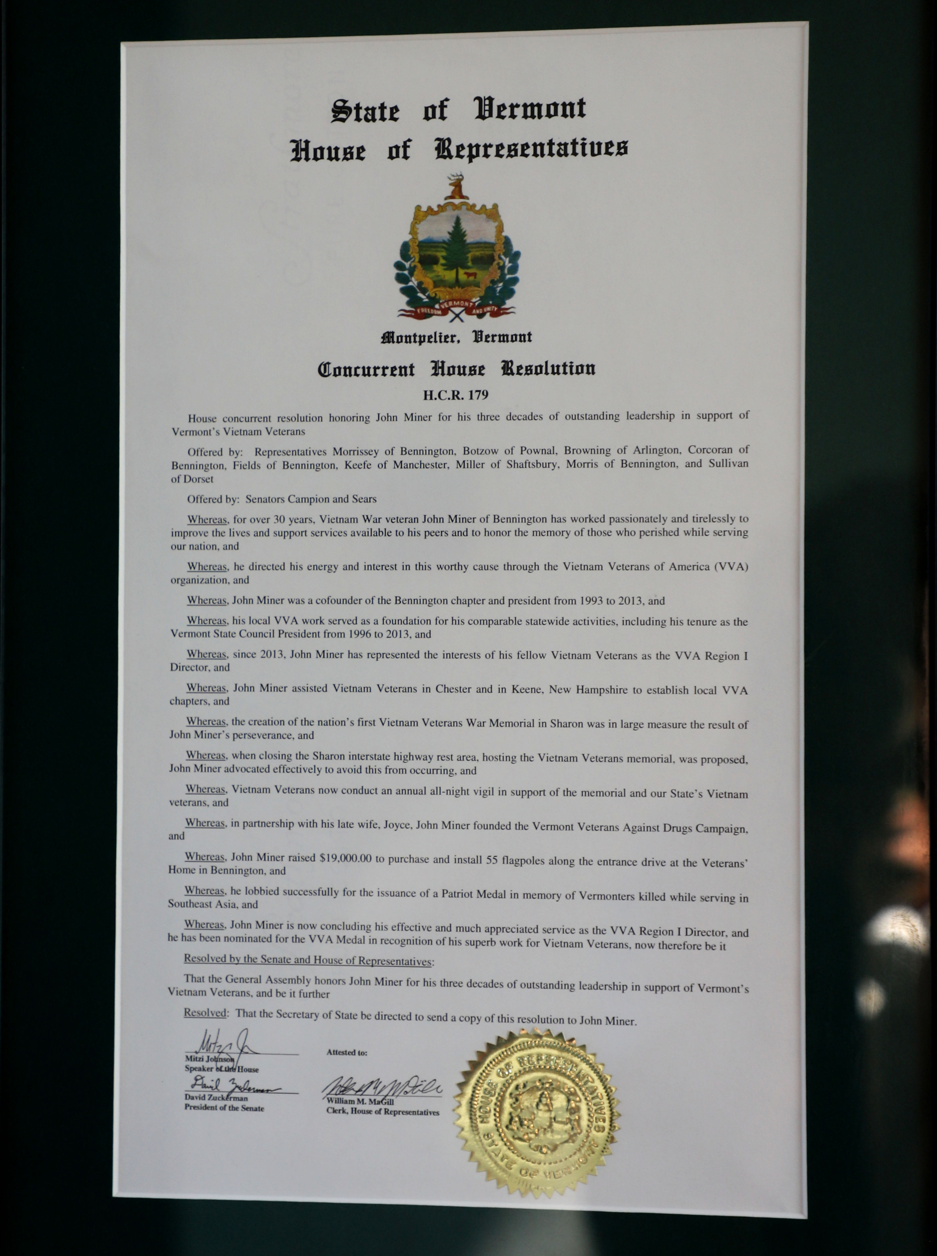Vermont Vietnam Veterans Memorial - Sharon Vermont - Proclamation