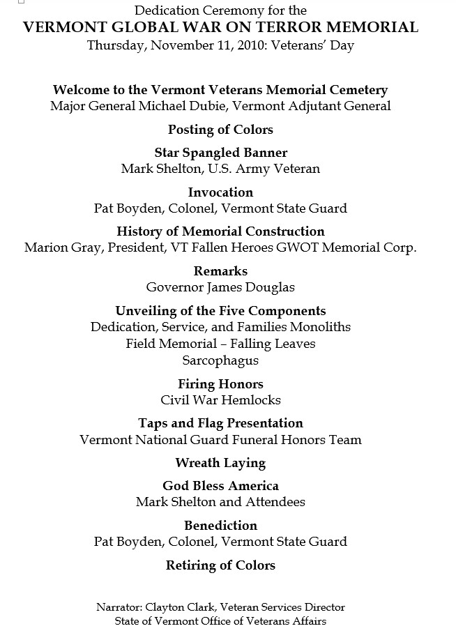 Vermont Veterans Memorial Cemetery Global War on Terror Monument Dedication Page 1
